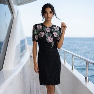 Vintage Laurence Kazar 100% pure silk black beaded floral dress gown sz M